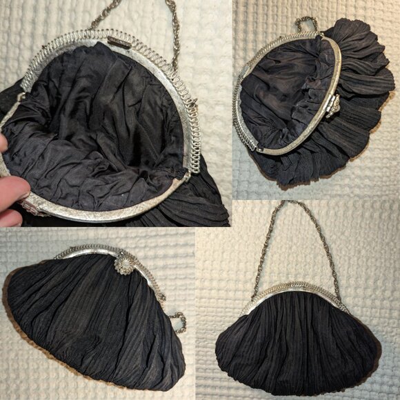 Vintage Pleated Evening Mini Bag Black Short Chain Elegant & Delicate - Picture 8 of 9